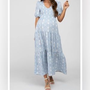 PinkBlush Blue Paisley Print Smocked Tiered Maternity Maxi Dress